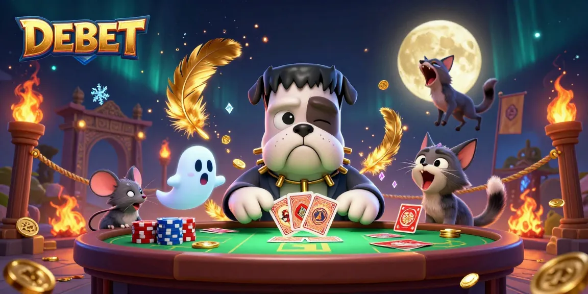 Experience DEBET with a 3D cartoon monster dealer at a vibrant casino tabletop, engaging players.