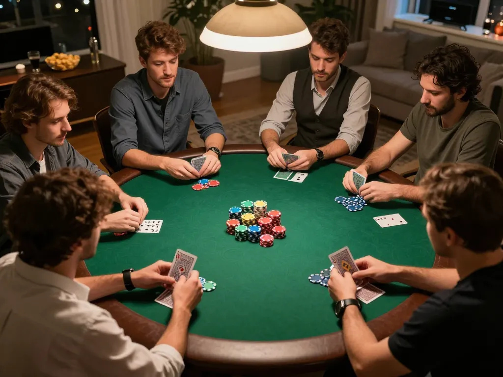 Players enjoying a competitive poker game at home with CM88, showcasing vibrant chips and cards in action.
