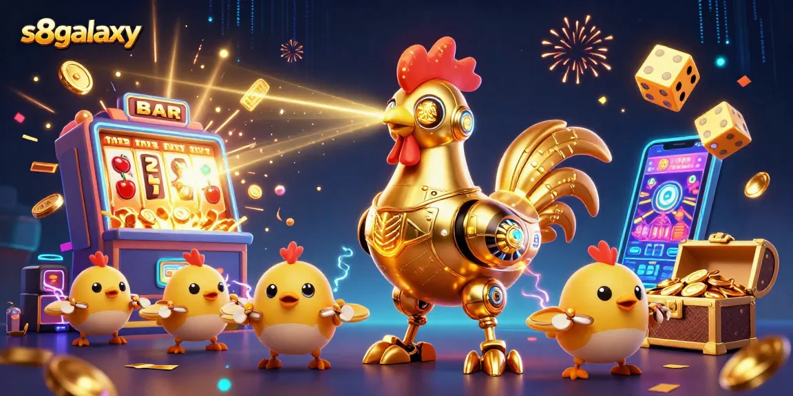 S8galaxy brings thrilling experiences with a golden rooster robot in a vibrant casino-themed scene.