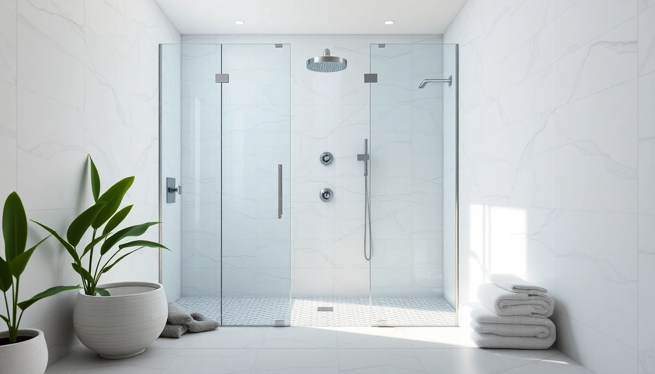 Experience elegant showers with modern fixtures and serene design elements in a luxurious bathroom.