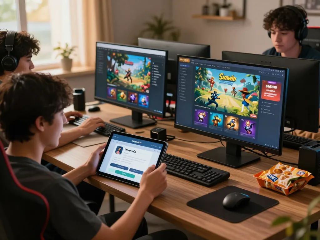 Players enjoying the 'tải sunwin' gaming experience on various devices in a cozy environment.