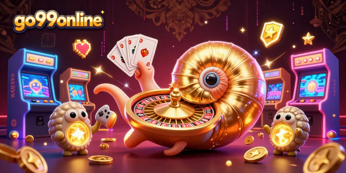 Engage the fun at go99online with a vibrant 3D casino scene featuring a giant nautilus roulette wheel.