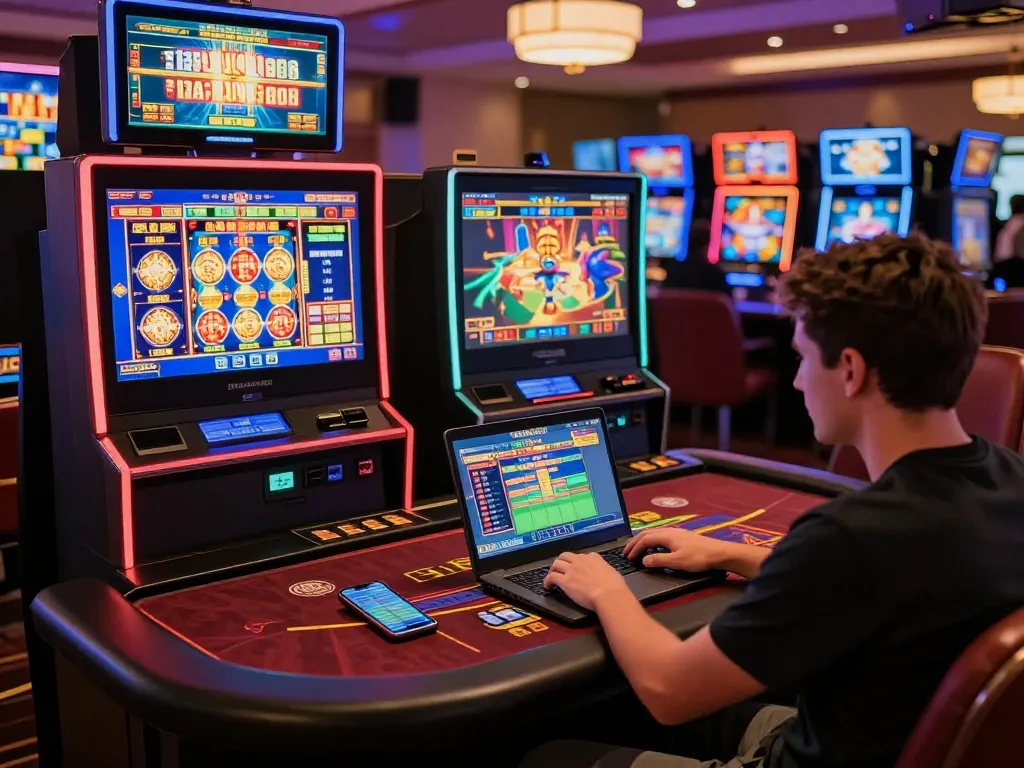 Engaging in online slots and sports betting at home with 7m gaming options on laptop and smartphone.