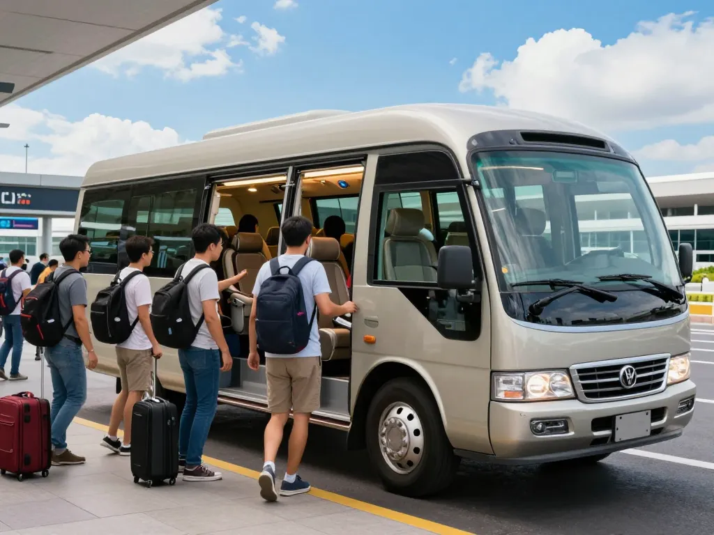 Minibuses providing efficient airport transport with passengers boarding and luggage loading