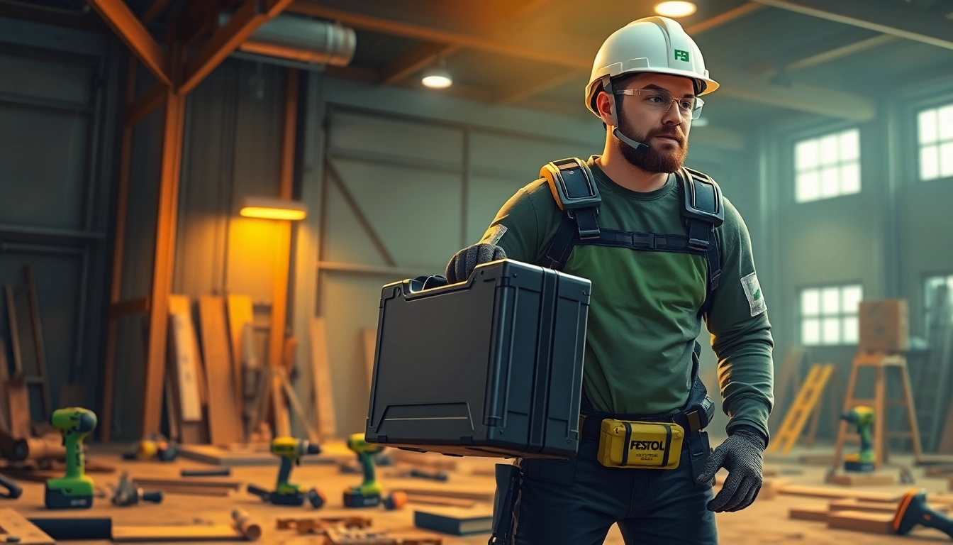 Wearing the Festool exoskeleton, a worker efficiently lifts tools at a construction site.