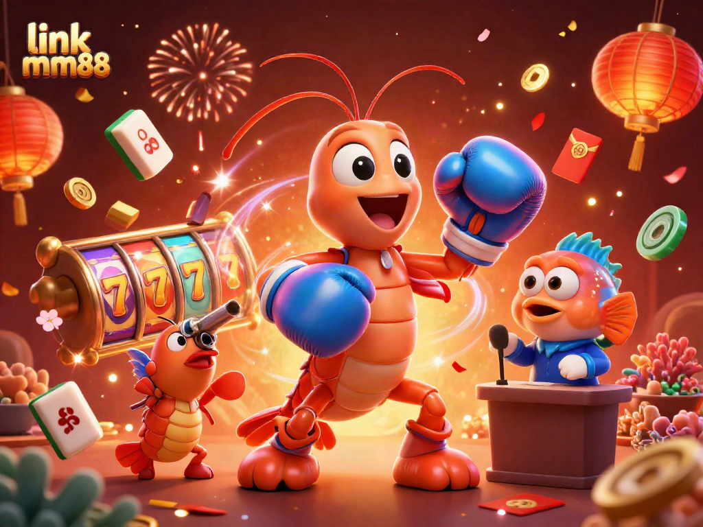 Experience exciting wins with link mm88 in this vibrant 3D casino scene filled with slot reels and confetti.
