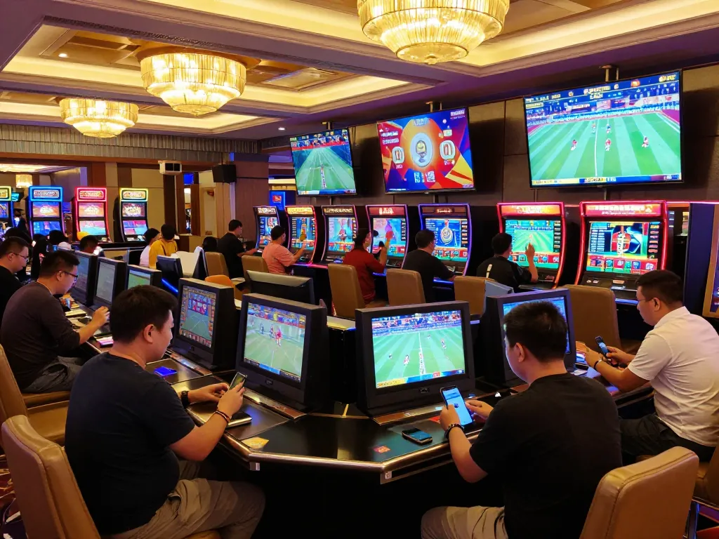 View of excited gamblers placing bets at 98win sportsbook, with vibrant screens displaying live sports events.