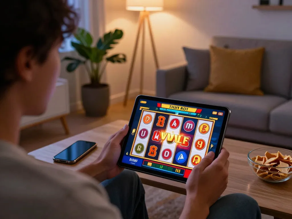 Engaging with slot terbaru on a tablet in a cozy living room setting, showcasing exciting gameplay.