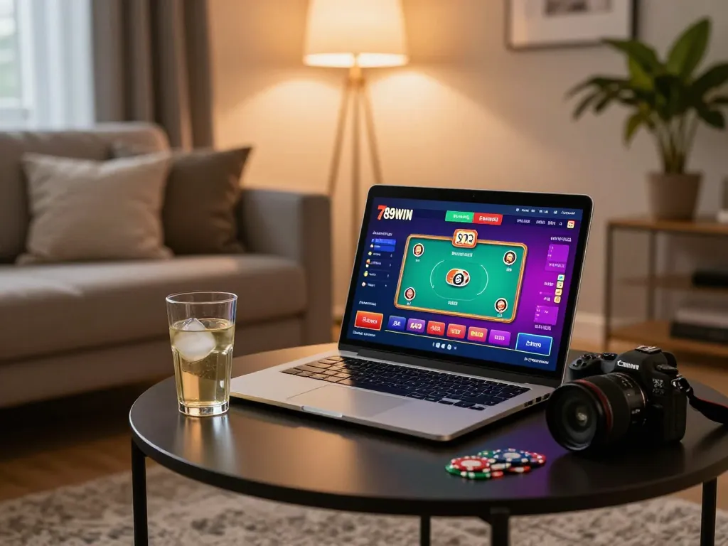 Engaging in 789WIN online gaming with vibrant game screen, cozy home setup highlighting responsible gambling.