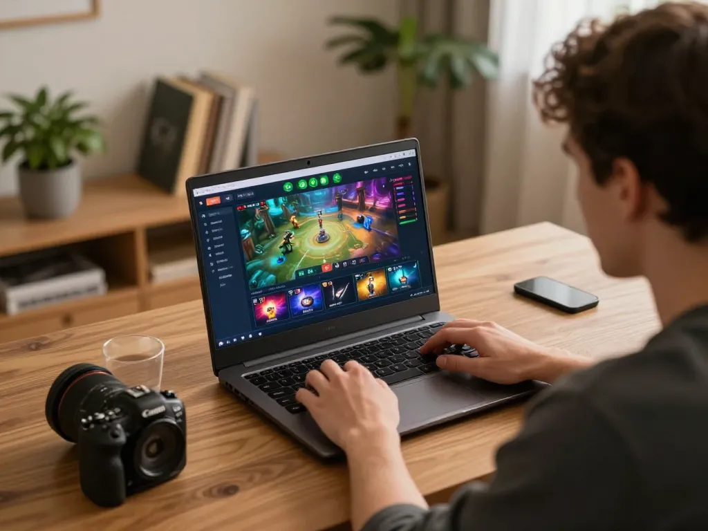 Engaging with the rikvip platform through a laptop, highlighting online casino gameplay in a cozy home.