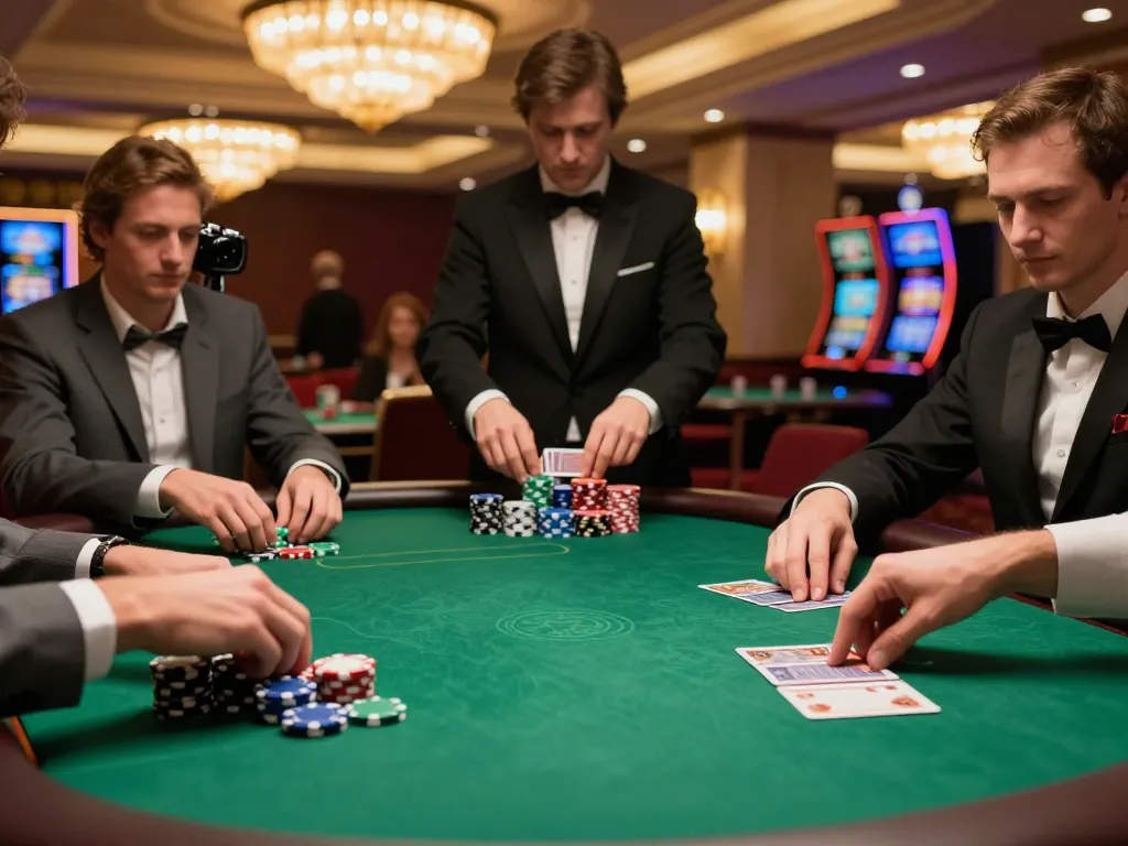 Poker players calculating strategies with SC88 chips at a luxe casino table.