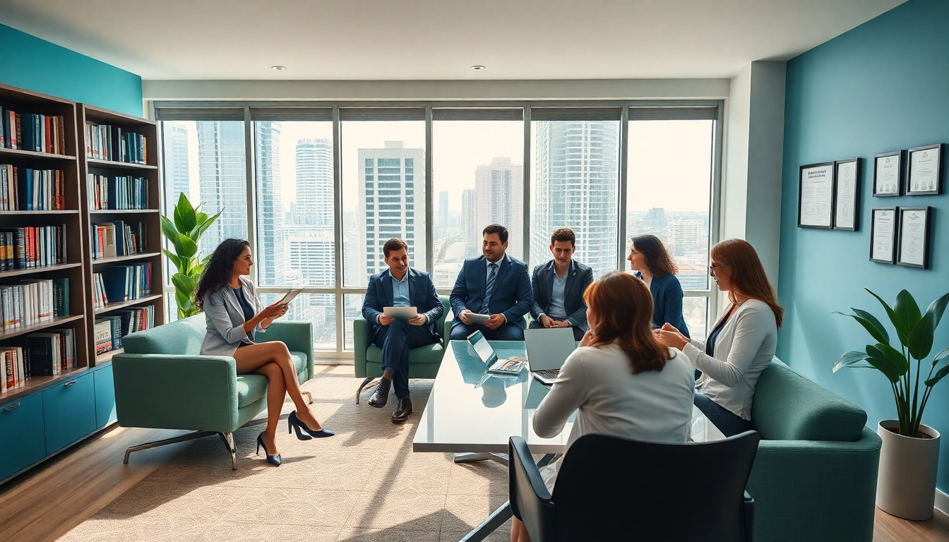 US immigration law firm consultation in a modern office with diverse lawyers.