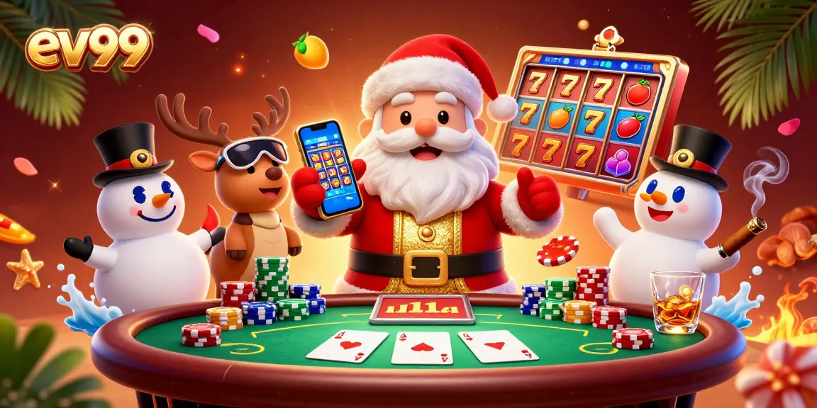 Spin the jackpot reels with ev99 in a festive casino scene featuring Santa and friends.