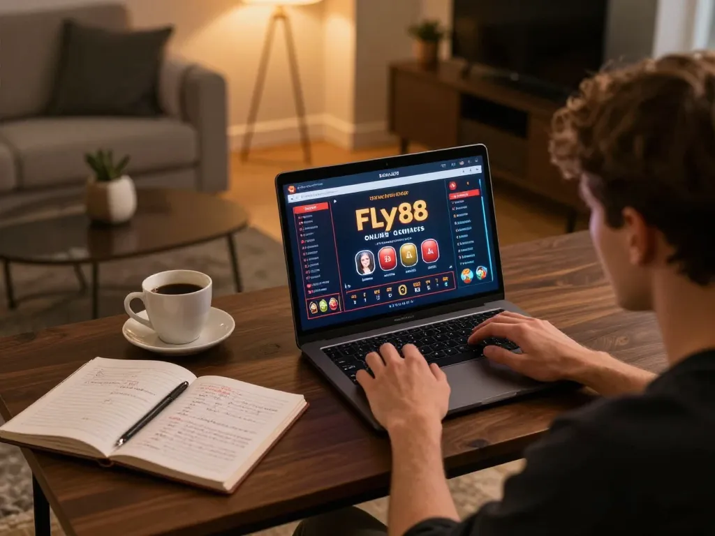 Engaged player strategizing at Fly88 online casino on laptop, cozy home setting.