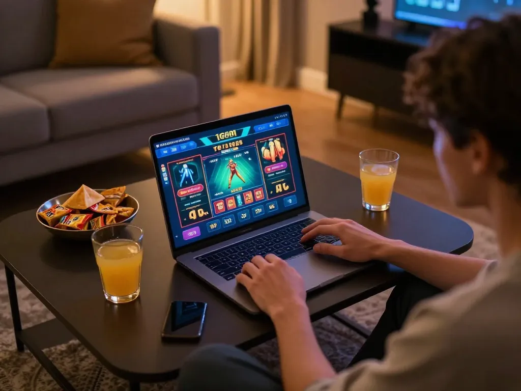 Engaging with the 1gom casino app in a cozy living room, highlighting a vibrant online gaming experience