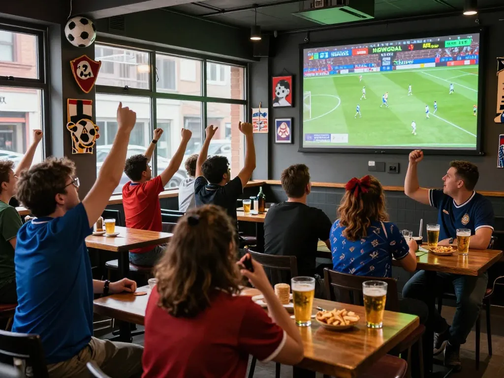 Fans enjoying a lively football match while tracking live scores on NOWGOAL, showcasing a vibrant sports bar atmosphere.