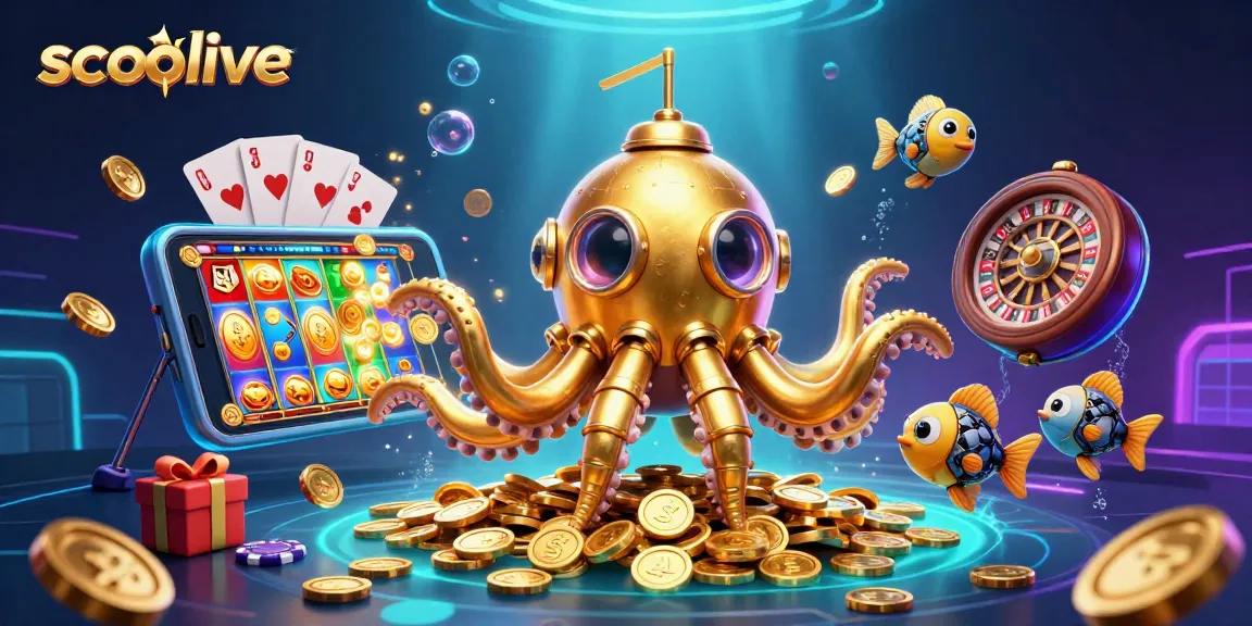 Socolive showcases the golden kraken submarine amidst golden coins, inviting bettors to explore exciting online gambling opportunities.