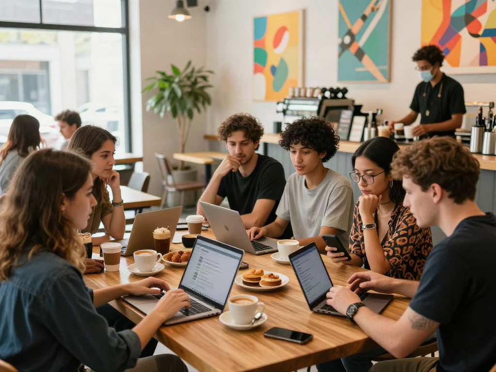 Engaging conversation at a cafe highlighting spicychat interactions among diverse groups.