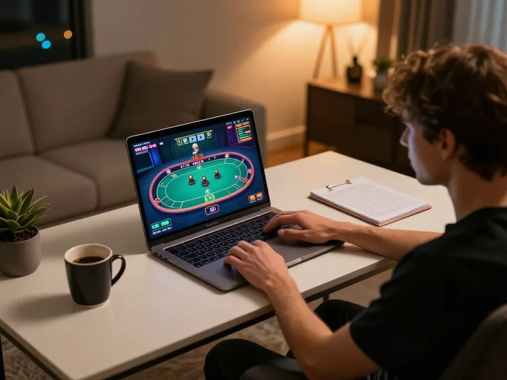 Engaging in a poker game on 23win with a vibrant interface at home.