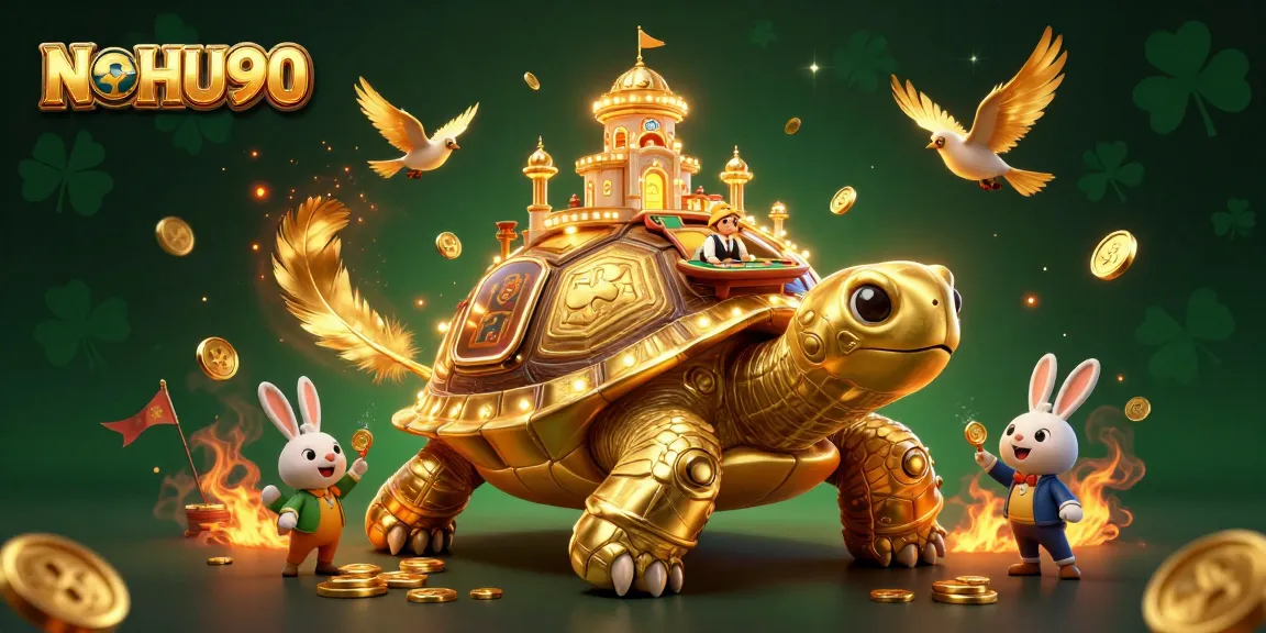 Engage in thrilling NOHU90 gameplay with golden tortoise and rabbit dealer at casino.