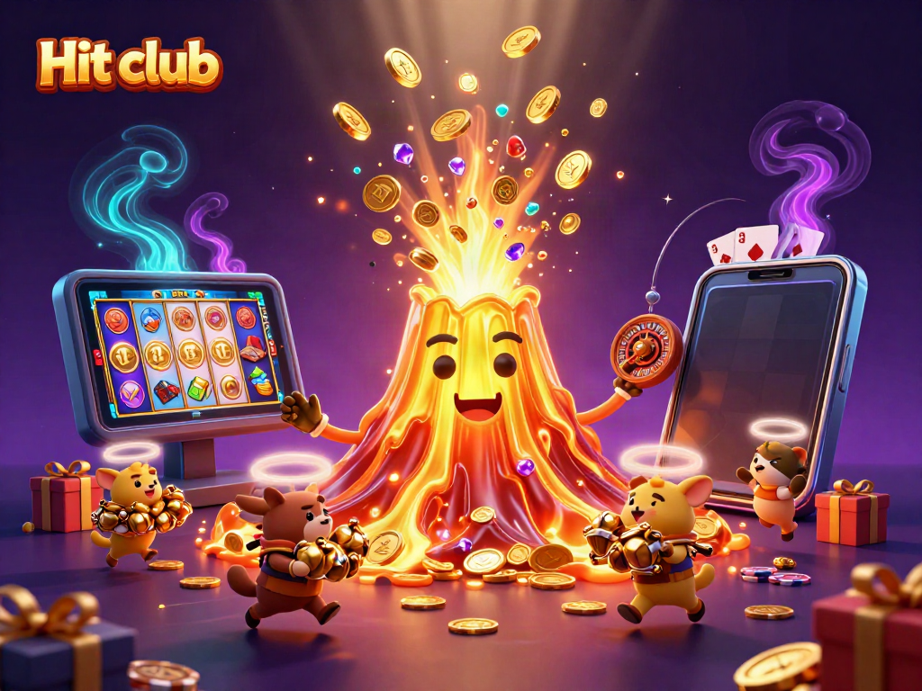 Engage with Hit club's thrilling casino adventure featuring a golden volcano and treasure in vibrant 3D.