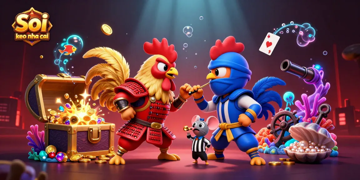 Soi keo nha cai celebrates the thrilling standoff of cartoon roosters amidst a vibrant casino scene.