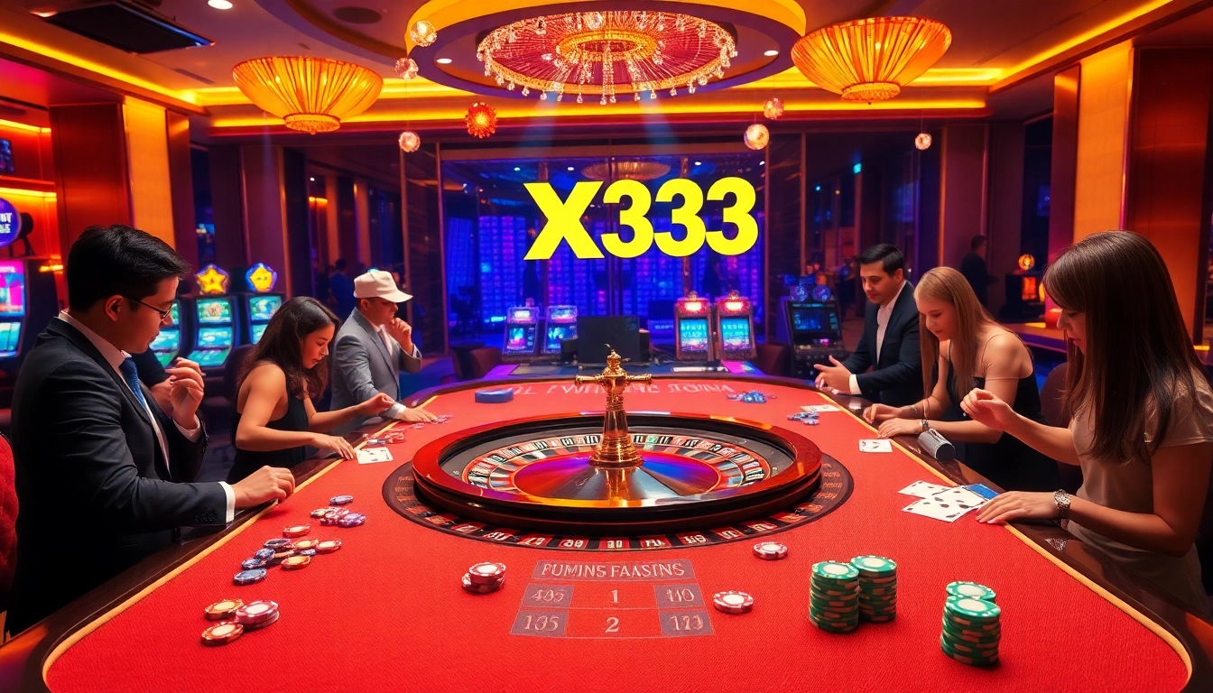 X333 casino scene with vibrant tables and players engaging in games for excitement.