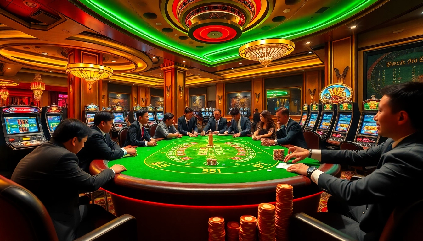 Experience vibrant gameplay at Lucky88 casino with energetic players and elegant poker tables.