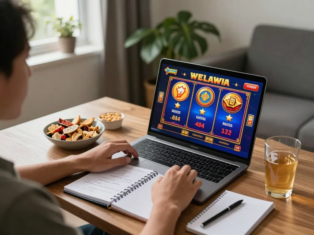 Playing Slot Malaysia on a laptop at home with gaming strategies noted.