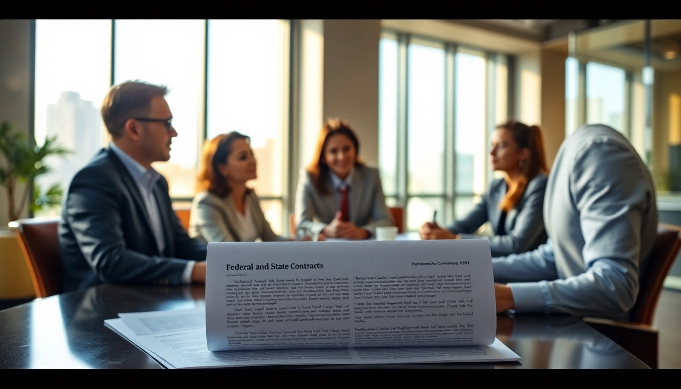 Discussing Federal and State contracts and grants in a modern office setting.