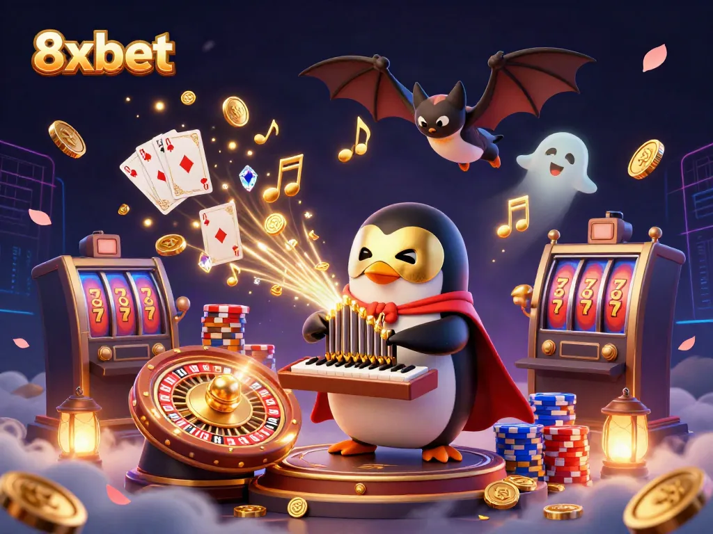 Experience the thrill of 8xbet with an animated casino scene featuring a penguin organist and dazzling game elements.