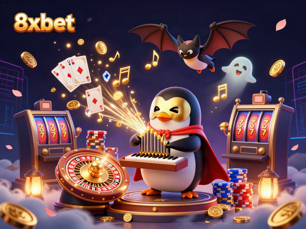 Experience the thrill of 8xbet with an animated casino scene featuring a penguin organist and dazzling game elements.