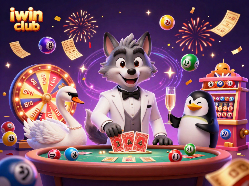 iwin club features a debonair wolf and elegant swan engaging in casino excitement with vibrant effects.