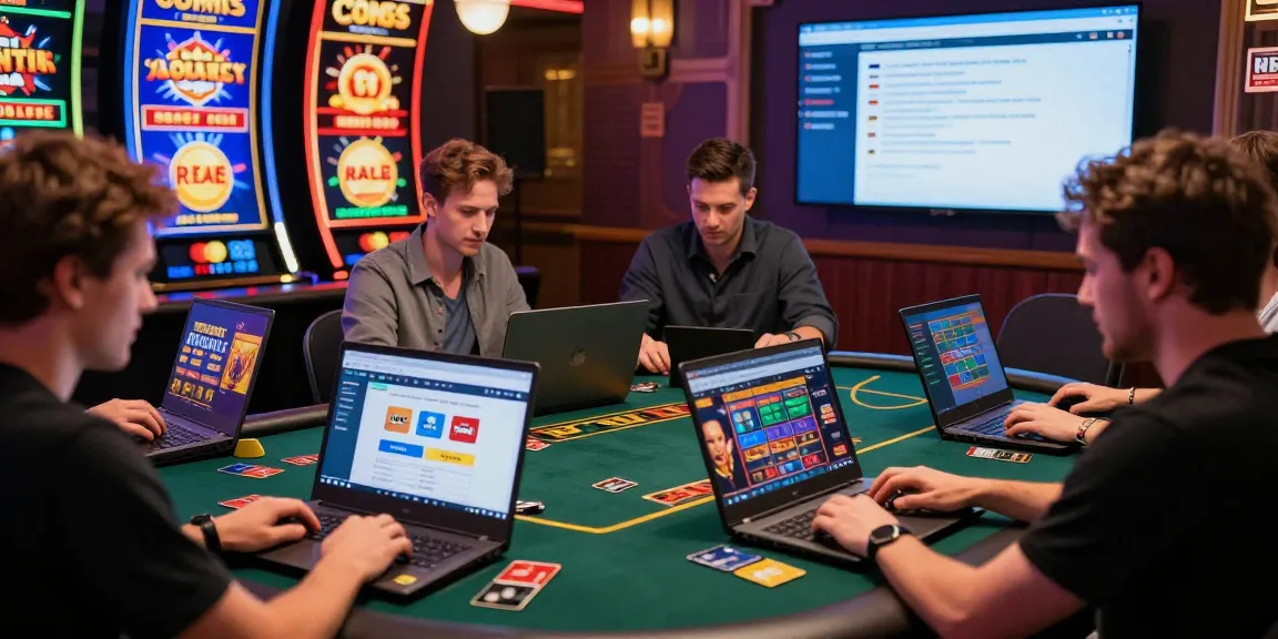Engaging scene showcasing UK players at credit card casinos, featuring laptops with game selection, promoting credit card options, vibrant atmosphere for online gaming.