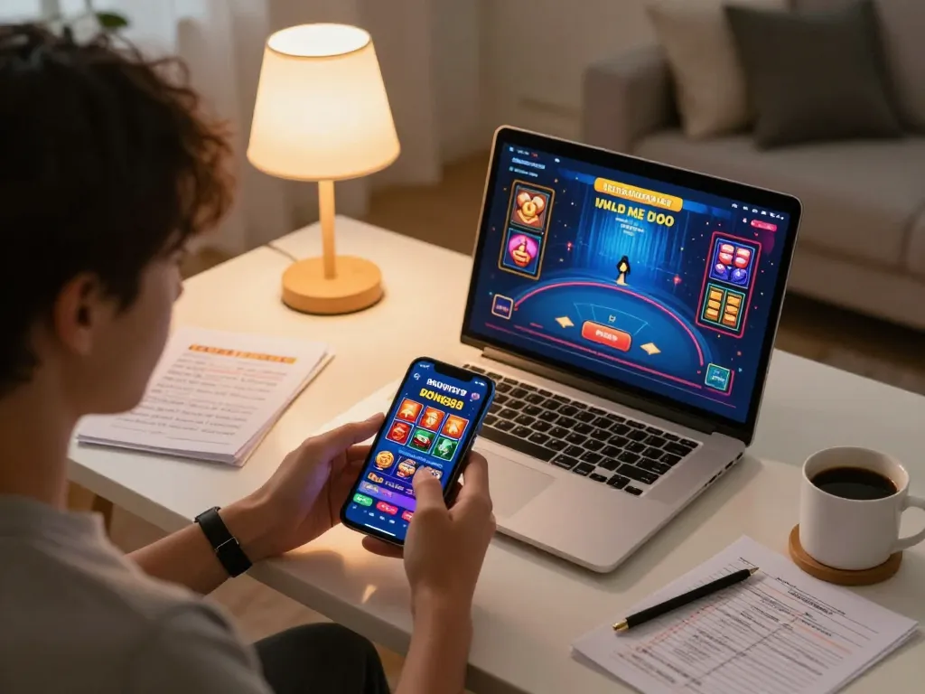 Bong88 gaming experience showcasing a player using a smartphone and laptop for an immersive online casino session.