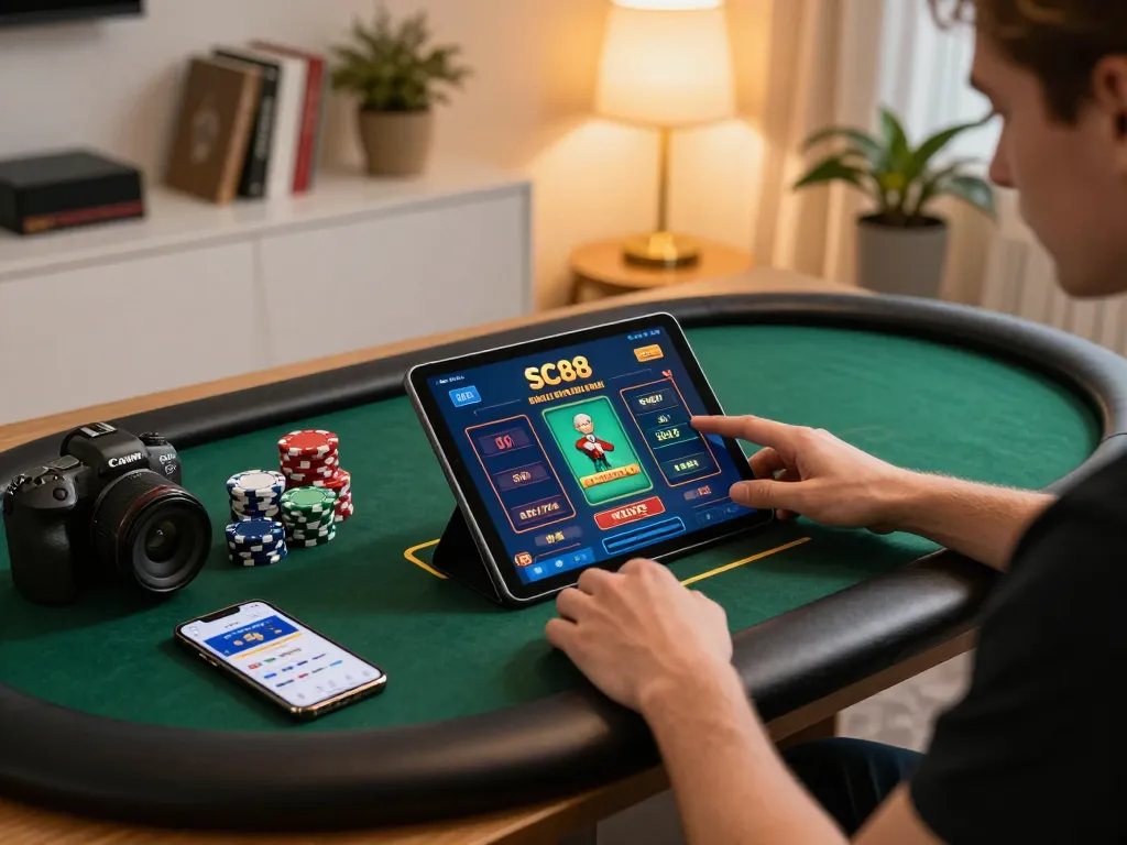 Engaging moment of playing games at SC88 online casino with poker chips on the table