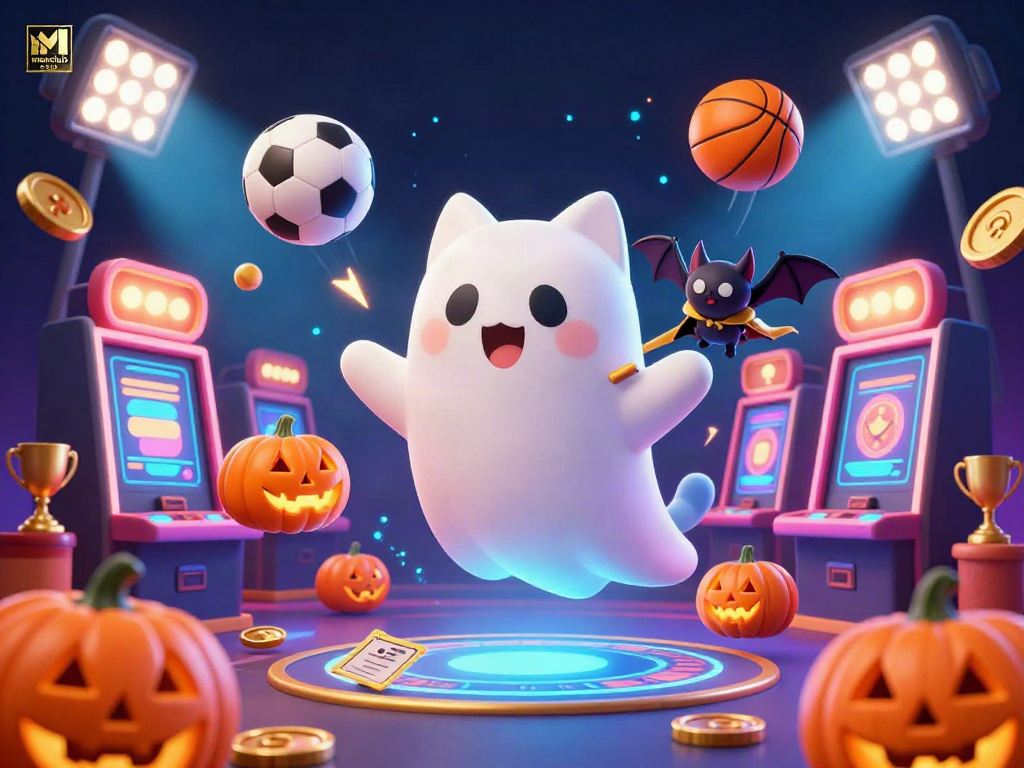 Experience manclub com’s thrilling casino atmosphere with a friendly ghost cat and vampire bat in a vibrant scene.