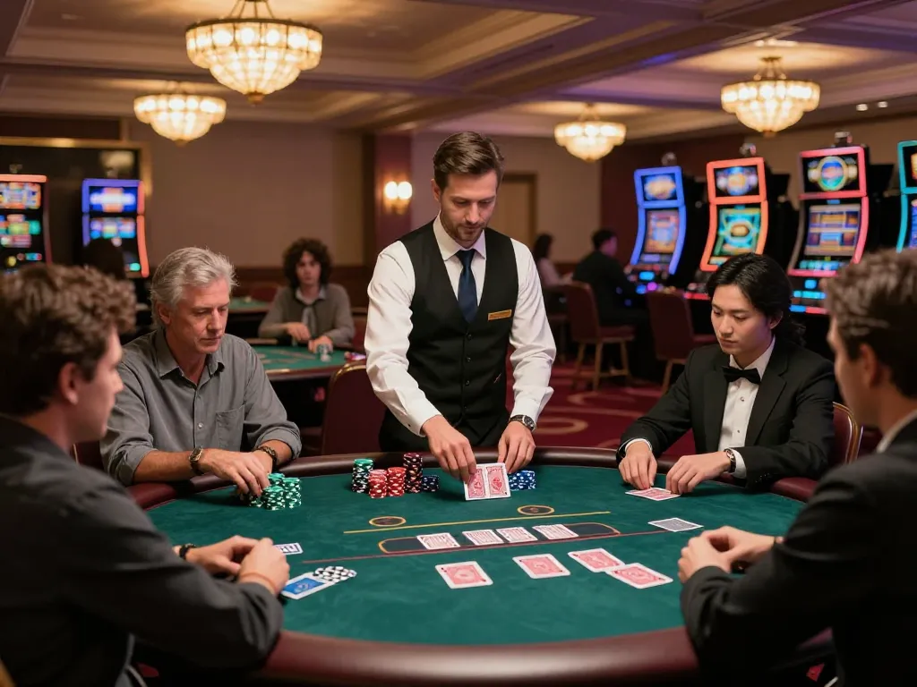 Kuwin poker game in action, players intensely focused with cards and chips visible, showcasing vibrant casino atmosphere.