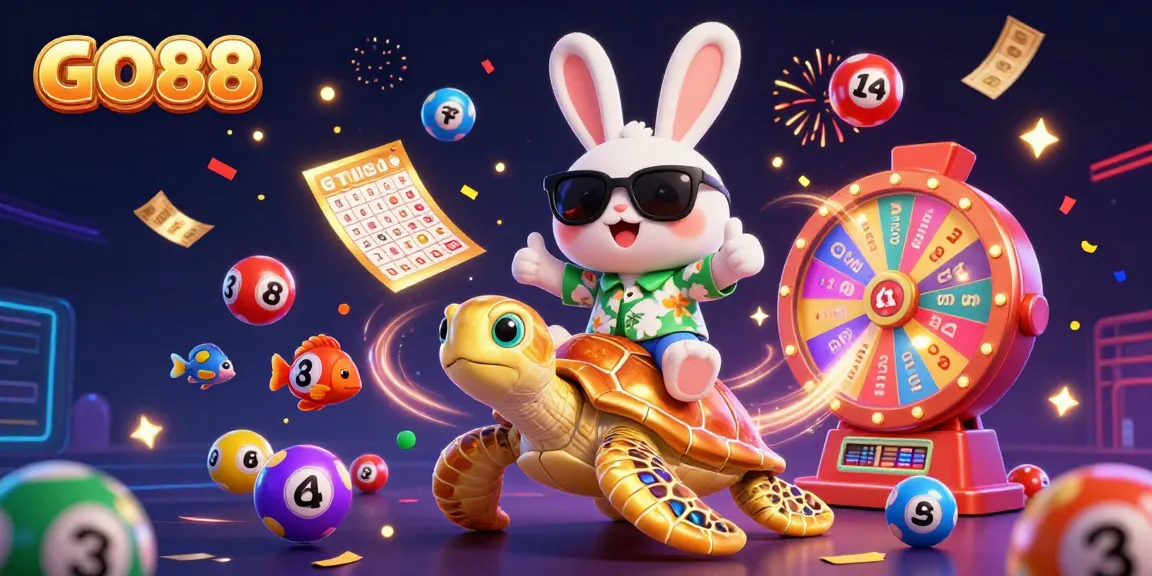 Join the excitement at GO88 with a lucky rabbit and golden turtle celebrating a fun lottery scene.