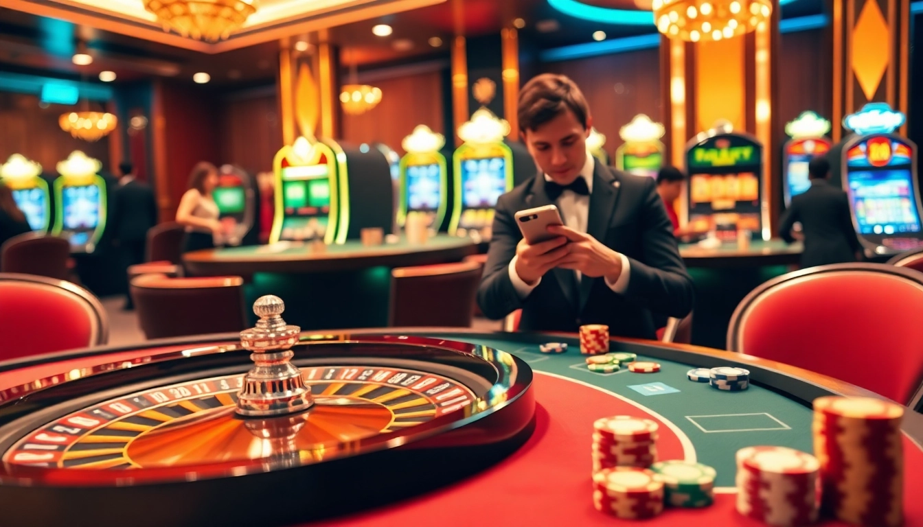 Engaging with Nhà Cái 68VIP at an exciting casino scene filled with roulette tables and vibrant slot machines.