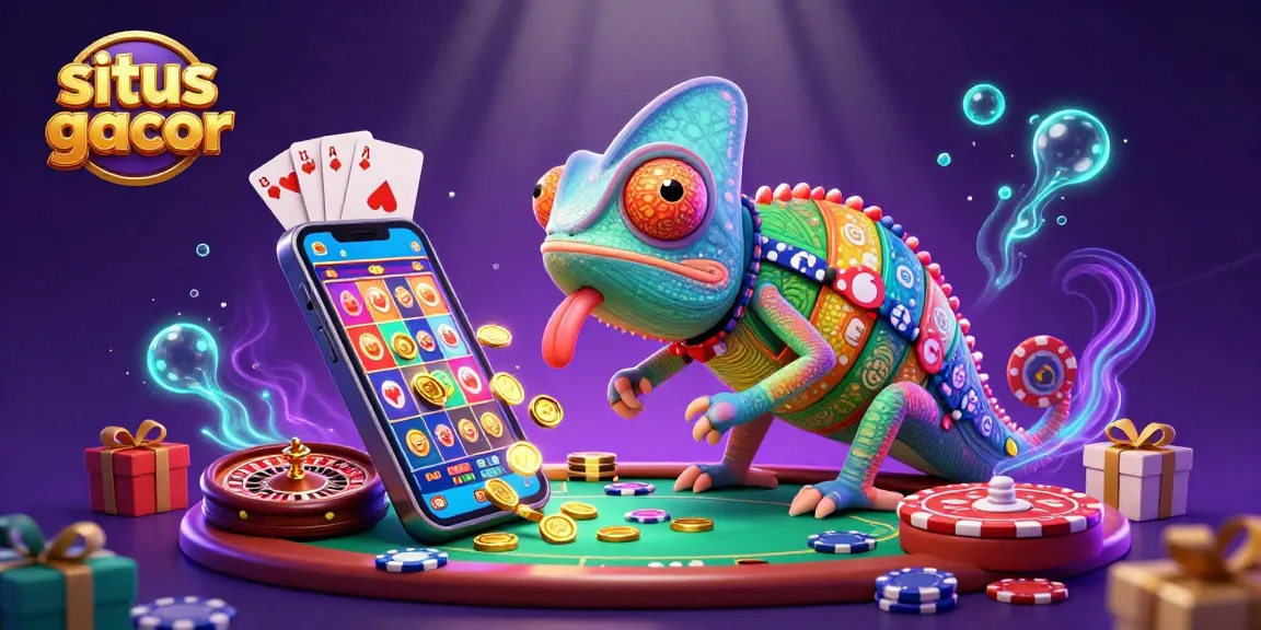 Situs gacor showcases a vibrant 3D chameleon casino owner catching golden coins in a dynamic gambling scene.