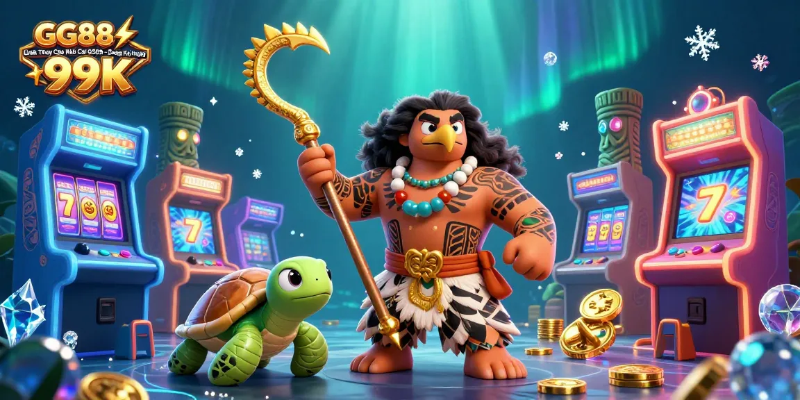Engage with GG88 ⚡️ Link TRuy Cập Nhà Cái GG88 - Đăng Ký Húp ngay 99K at this vibrant 3D casino scene with demigods and slot machines.