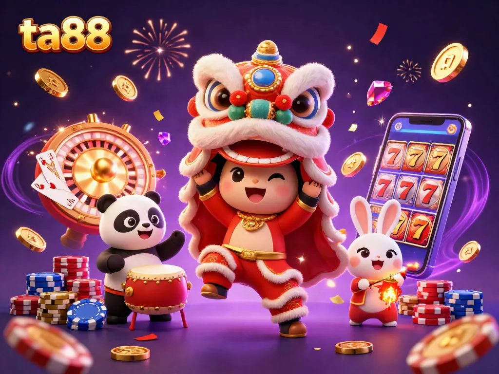 Engage with ta88's thrilling casino scene featuring lion dance and festive gambling elements.