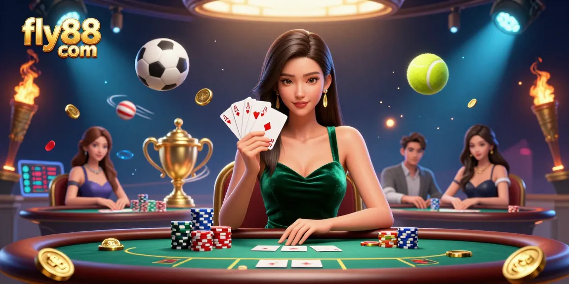 Experience gaming excitement at fly88 com with an elegant player at a poker table surrounded by dynamic sports elements.