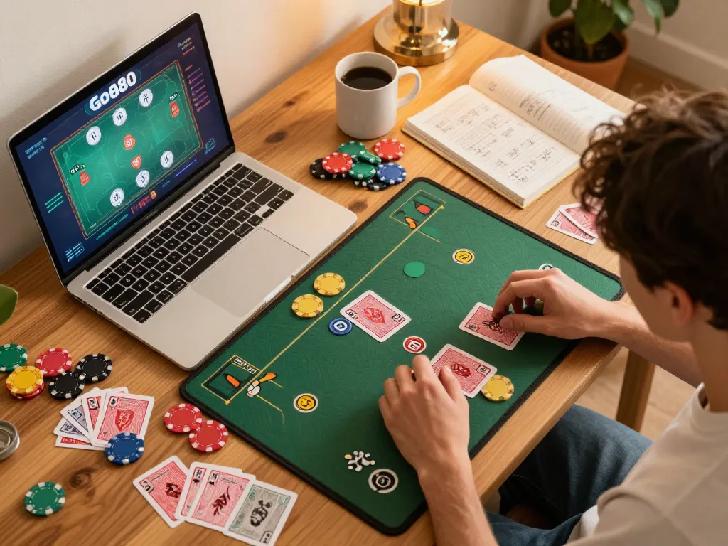 Engaging with Go88 online poker game strategy in a cozy home office setting, showcasing gameplay action.