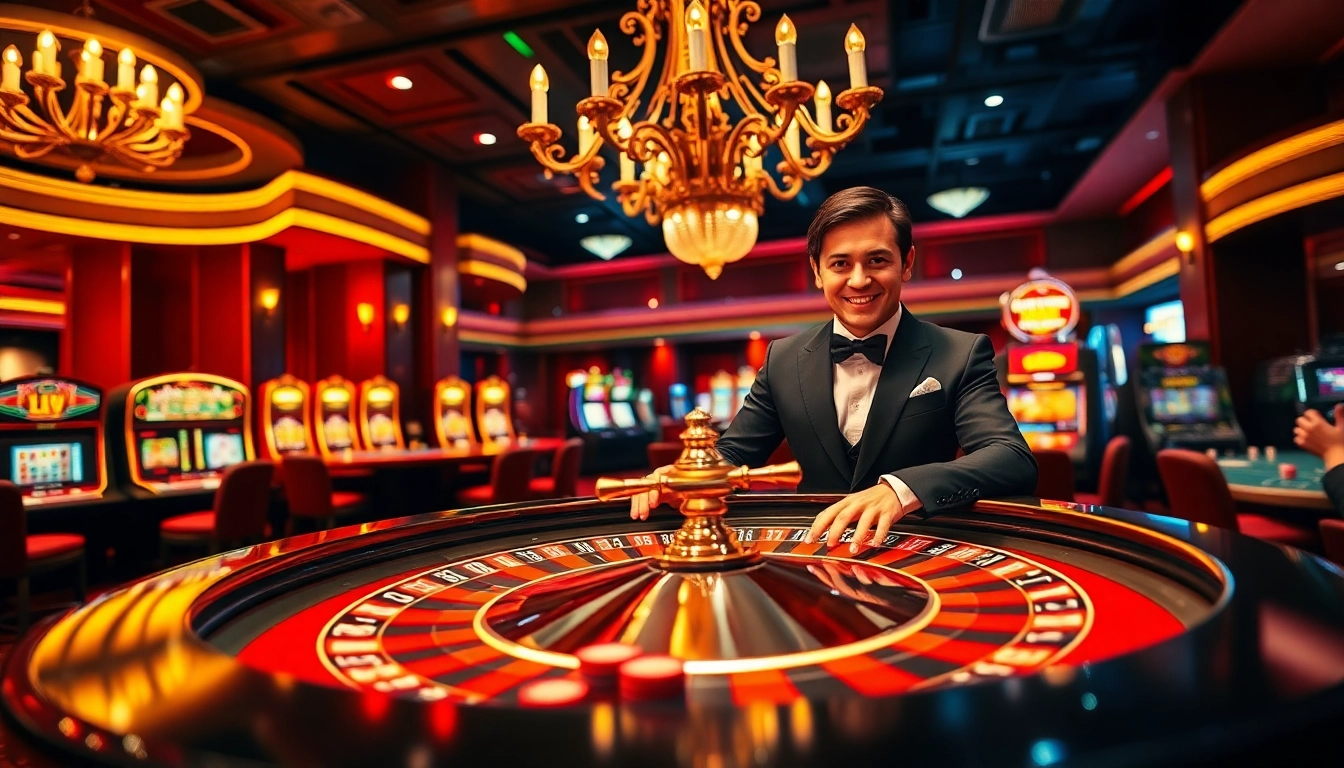 Experience the thrill of e2bet bet with an elegant casino scene featuring roulette and poker tables.