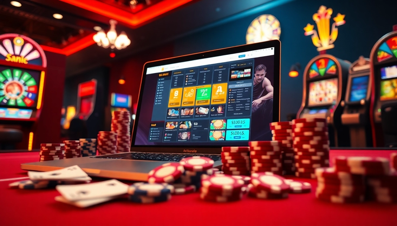 Sleek online gambling interface on s666.nyc displayed with vibrant casino elements like poker chips and cards.