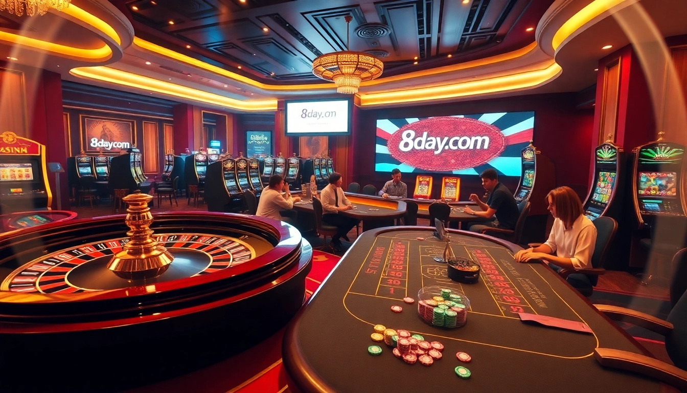 Players enjoying the thrill of gambling at 8day.cn.com's casino, highlighted with vibrant roulette and poker tables.