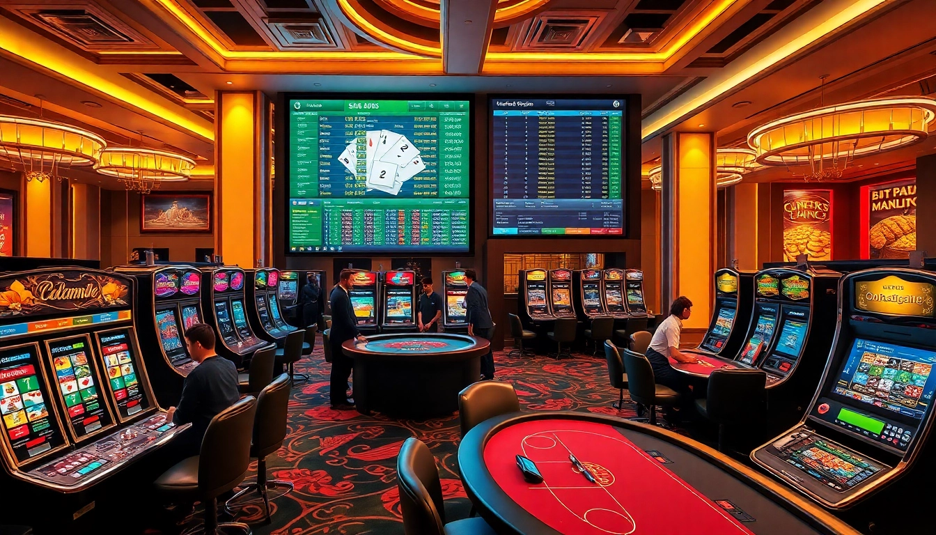 Exciting casino scene at luck8win.live featuring gaming tables and slot machines.