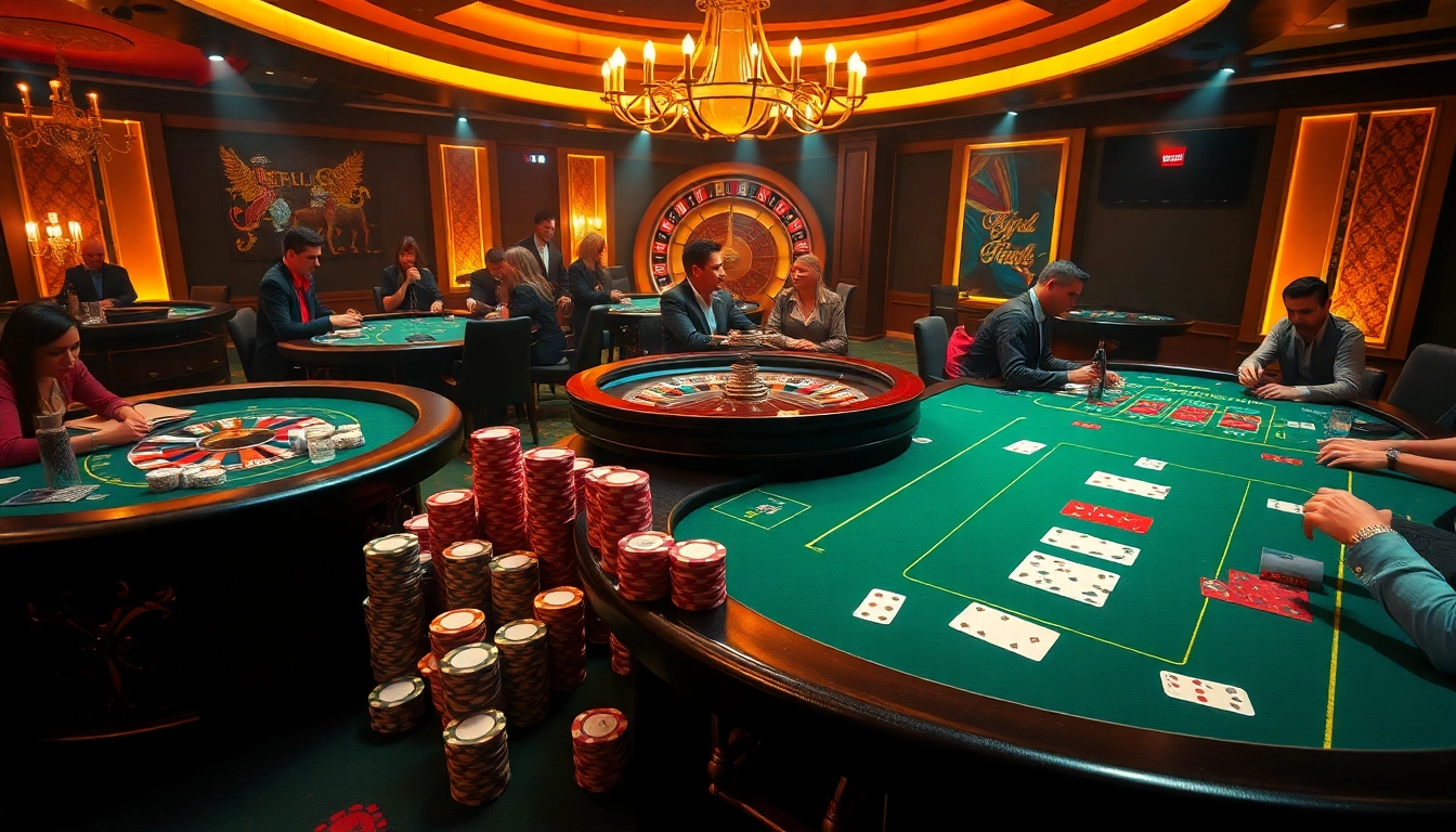 Experience high-stakes play at OKFUN casino with vibrant poker tables and enthusiastic players.